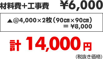 材料費+工事費 6.000円 @4,000×2枚(90cm×90cm) =8.000円 計 14.000円
